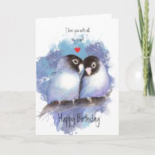 Happy Birthday Love Blue Lovebirds Bird Art Holiday Card