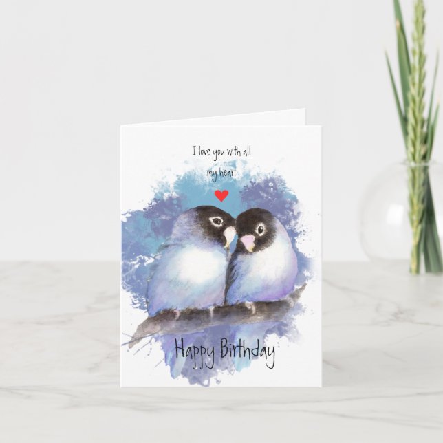 Happy Birthday Love Blue Lovebirds Bird Art Thank You Card (Front)