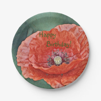 Happy Birthday Luscious Red Poppy Paper Plate