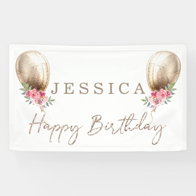 Happy Birthday Luxury Beige Balloon Glitter Banner (Horizontal)