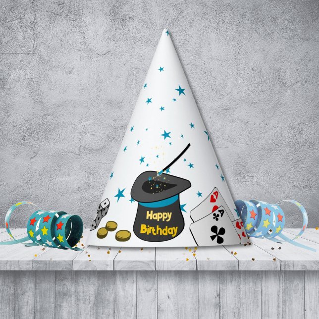 Happy Birthday Magic Show Black White Blue Kids Party Hat (Happy Birthday Magic Show Black White Blue Kids Party Hat, Customize Text, Colors)