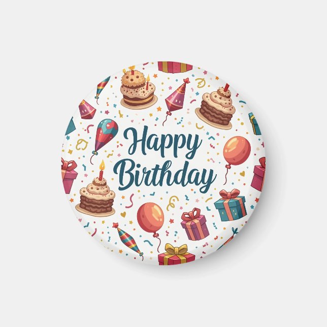 Happy Birthday Magnet with Balloons and Cake (Front)