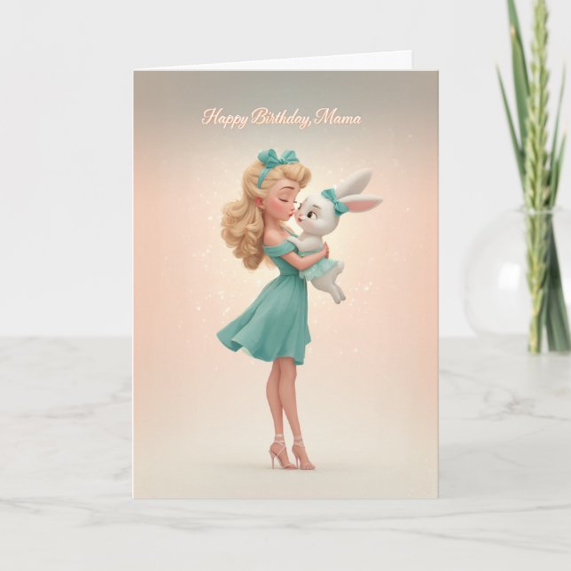 Happy Birthday Mama Elegant Mother and Baby Bunny Card (Front)