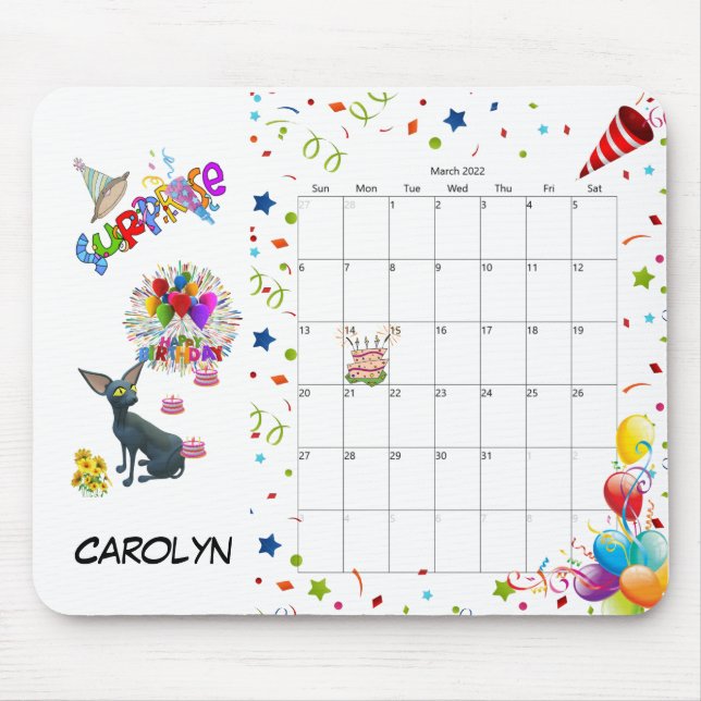 Happy Birthday March 2022 Calendar Mouse Pad (Front)