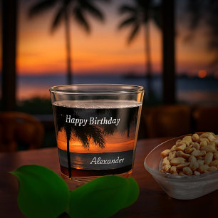 Happy Birthday Men Sunset Tropical Trees Custom Shot Glass