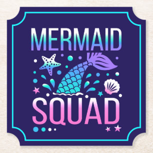 Happy Birthday Mermaid Squad Ocean Party Design Paper Coaster