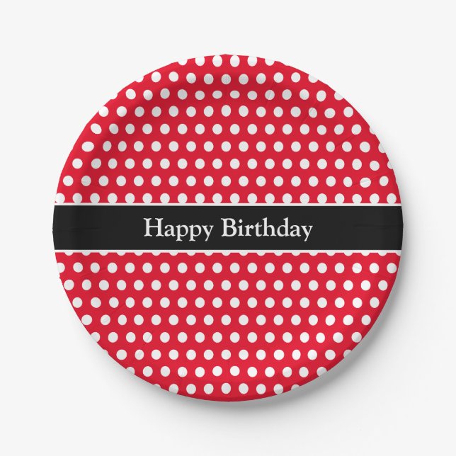 Happy Birthday Message Cute Polka Dot red & white Paper Plate (Front)