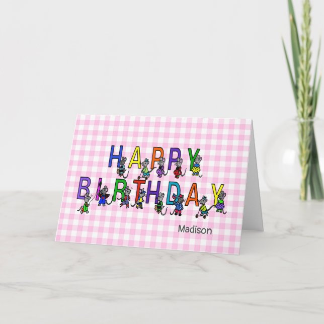 Happy Birthday mice on pink gingham Card (Front)