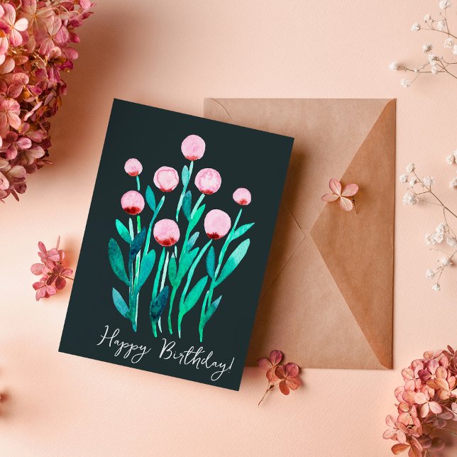 Happy Birthday minimal pink watercolor flowers Card (Creator Uploaded)