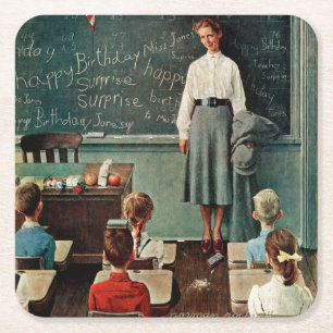 Happy Birthday, Miss Jones by Norman Rockwell Square Paper Coaster