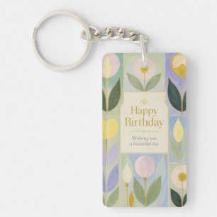 Happy Birthday Modern Botanical Flowers in Pastel Key Ring