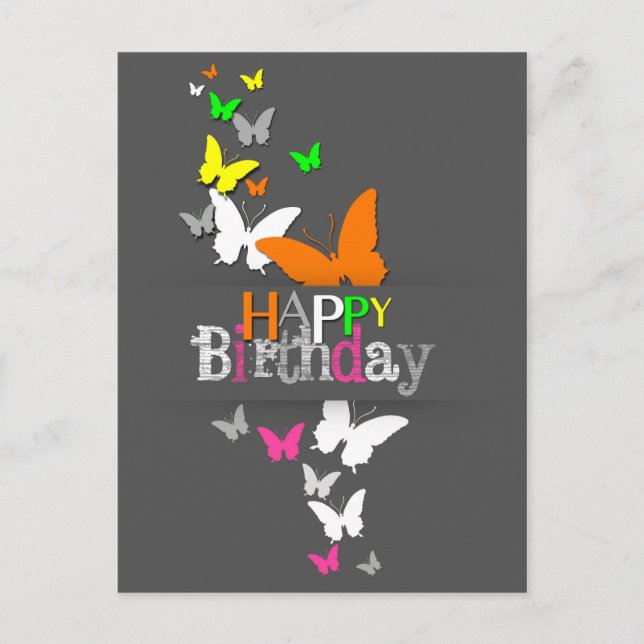 Happy Birthday Modern Colourful Neon Butterflies Postcard (Front)