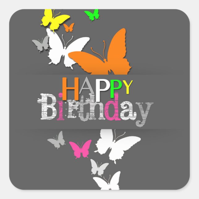 Happy Birthday Modern Colourful Neon Butterflies Square Sticker (Front)