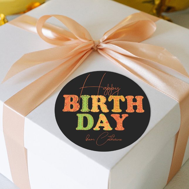 Happy Birthday Modern Doodle Colourful Typography Classic Round Sticker (Creator Uploaded)