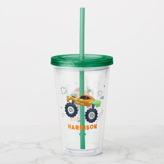 Happy Birthday Modern Monster Car Trucks Name  Acrylic Tumbler (Front)