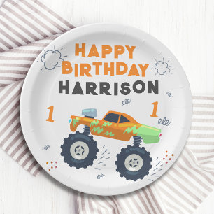 Happy Birthday Modern Monster Car Trucks Name Paper Plate