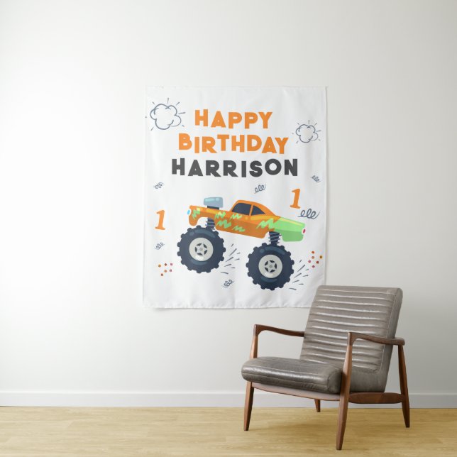 Happy Birthday Modern Monster Car Trucks Name  Tapestry (In Situ)