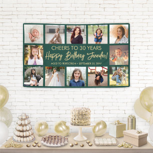 Happy Birthday Modern Photo Collage Green and Gold Banner