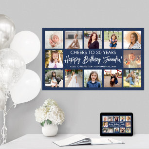 Happy Birthday Modern Photo Collage Navy Blue Poster