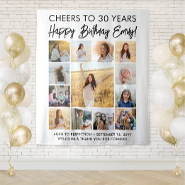 Happy Birthday Modern Photo Collage Party Sign Tapestry