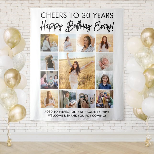 Happy Birthday Modern Photo Collage Party Sign Tapestry (Creator Uploaded)