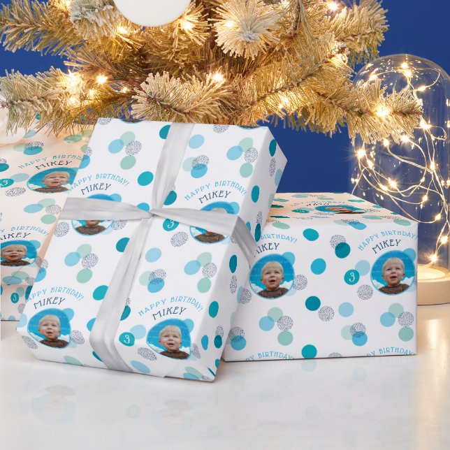 HAPPY BIRTHDAY modern photo confetti spots blue Wrapping Paper (Holidays)