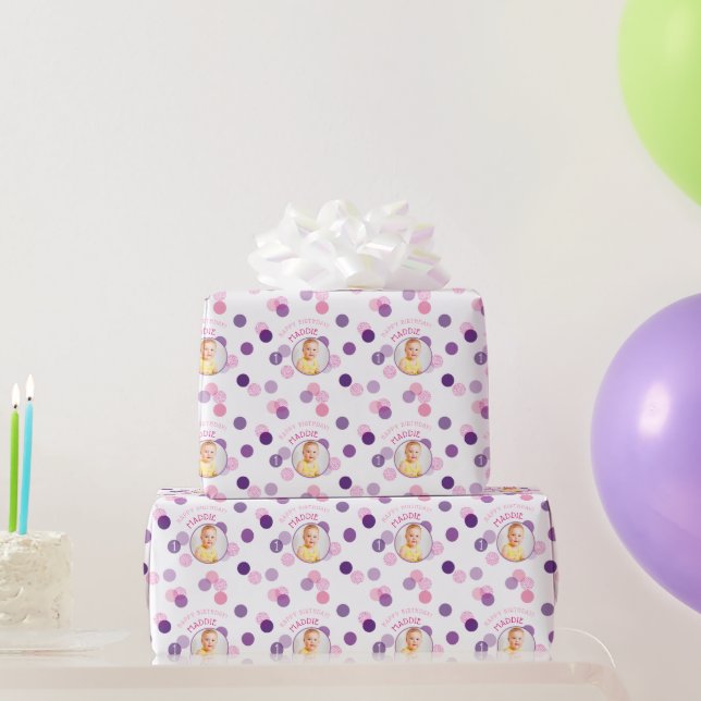 HAPPY BIRTHDAY modern photo confetti spots purple Wrapping Paper (Party Gifts)