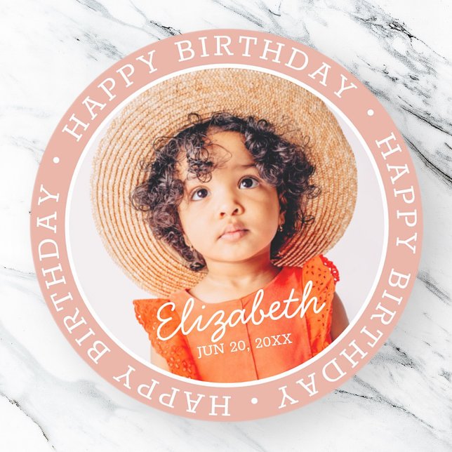 Happy Birthday Modern Preppy Custom Photo  Classic Round Sticker (Creator Uploaded)