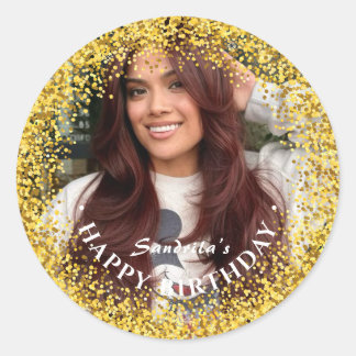 Happy Birthday Modern Simple Custom Photo Classic Round Sticker