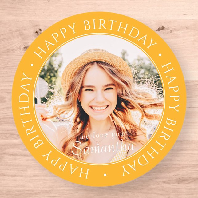 Happy Birthday Modern Simple Custom Photo Classic Round Sticker (Creator Uploaded)