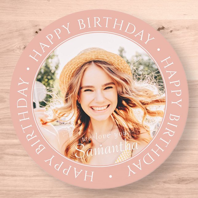 Happy Birthday Modern Simple Custom Photo Classic Round Sticker (Creator Uploaded)