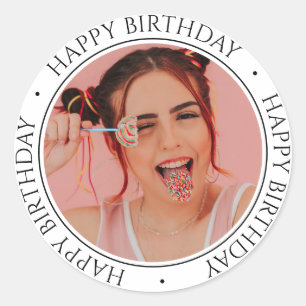 Happy Birthday Modern Simple Elegant Custom Photo  Classic Round Sticker