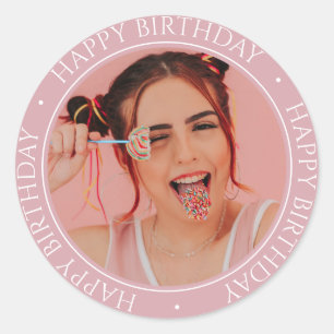 Happy Birthday Modern Simple Elegant Custom Photo Classic Round Sticker