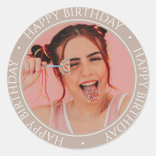Happy Birthday Modern Simple Elegant Custom Photo Classic Round Sticker