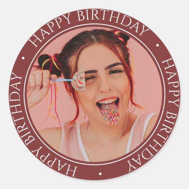 Happy Birthday Modern Simple Elegant Custom Photo  Classic Round Sticker (Front)