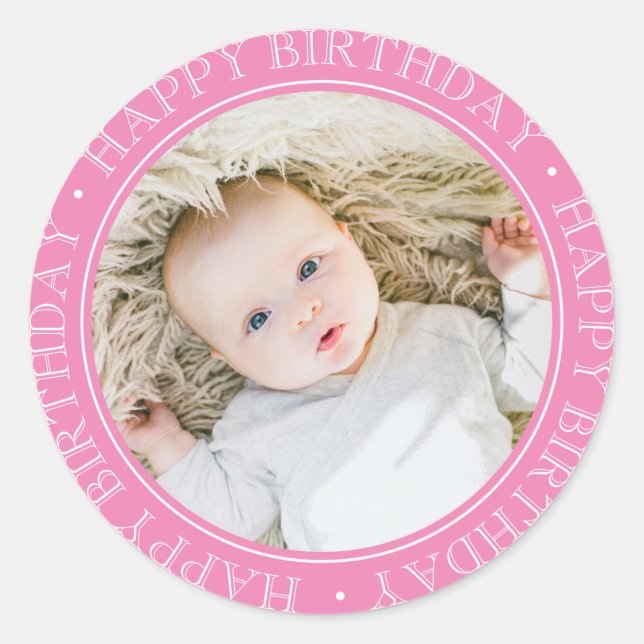 Happy Birthday Modern Simple Elegant Custom Photo  Classic Round Sticker (Front)
