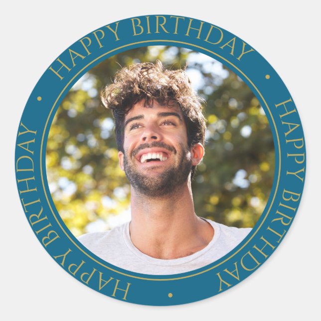 Happy Birthday Modern Simple Elegant Photo blue Classic Round Sticker (Front)
