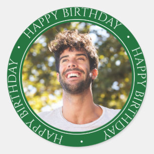 Happy Birthday Modern Simple Elegant Photo Green Classic Round Sticker
