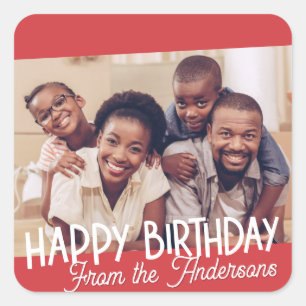 Happy Birthday Modern Simple Family Photo Square Sticker