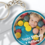 Happy Birthday Modern Simple Star Photo Key Ring<br><div class="desc">This simple and modern design is composed of serif typography and add a custom photo.</div>