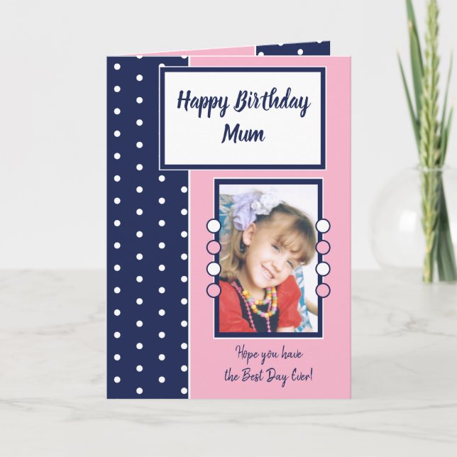 Happy Birthday Mom navy and pink photo Card (Front)