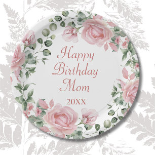 Happy Birthday Mom Pink Floral Party Paper Plate