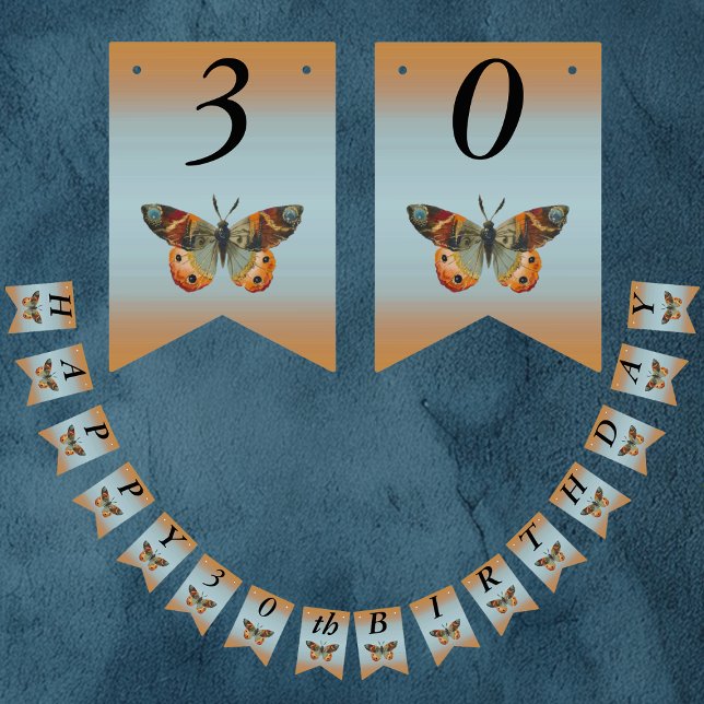 Happy Birthday Monarch Butterfly Blues Oranges Bunting (Monarch butterflies in oranges and blues on Happy Birthday bunting flag party banner.)