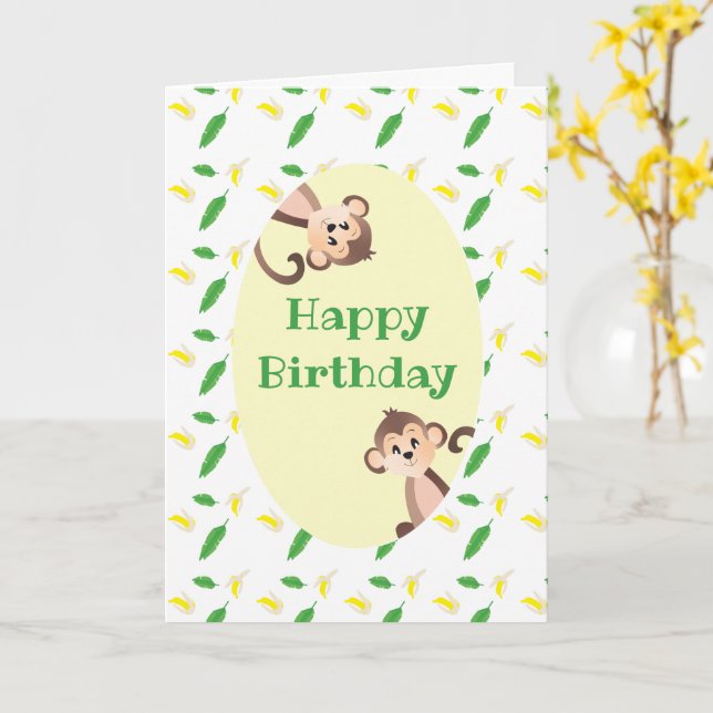 Happy Birthday Monkey Tropical Leaf Banana Peels Card (Yellow Flower)