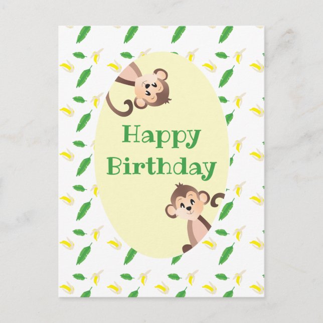 Happy Birthday Monkey Tropical Leaf Banana Peels Postcard (Front)