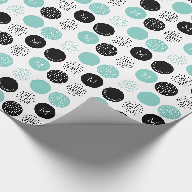 Happy Birthday Monogram Circles Aqua Dots Wrap Wrapping Paper (Corner)