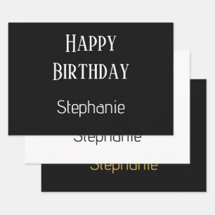 Happy Birthday Monogram Name Gold Black White Wrapping Paper Sheet