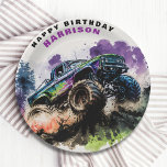 Happy Birthday Monster Truck Smash Crash Boy Paper Plate<br><div class="desc">Happy Birthday Monster Truck Smash Crash Boy Kids Paper Party Plates features a watercolor monster truck driving through the dirt with the text "Happy Birthday (Name)" in modern typography script. Perfect for children's birthday party celebrations. Designed by Evco Studio. For coordinating items view www.zazzle.com/store/evcostudio</div>