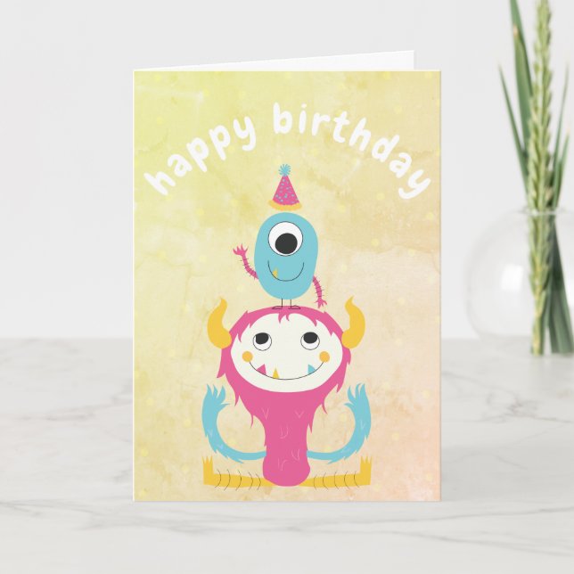 Happy Birthday Monsters Pink Blue Card (Front)