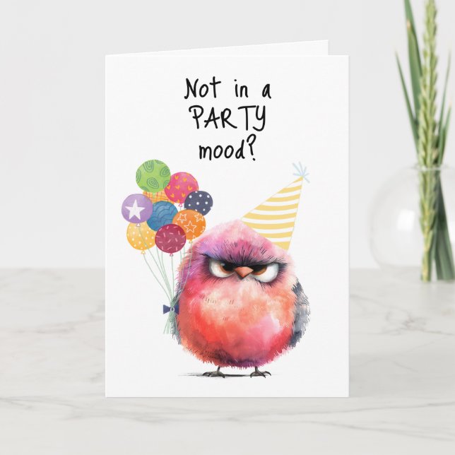 Happy Birthday Moody Bird Party Hat Balloons  Card (Front)